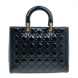 Pre Owned Dior Black Cannage Quilted Patent Leather Large Lady Dior Tote