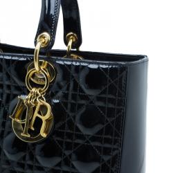 Pre Owned Dior Black Cannage Quilted Patent Leather Large Lady Dior Tote