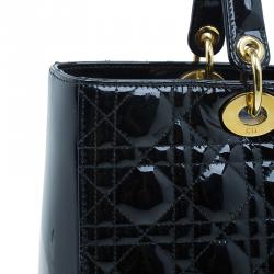 Pre Owned Dior Black Cannage Quilted Patent Leather Large Lady Dior Tote