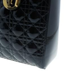 Pre Owned Dior Black Cannage Quilted Patent Leather Large Lady Dior Tote