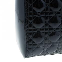 Pre Owned Dior Black Cannage Quilted Patent Leather Large Lady Dior Tote