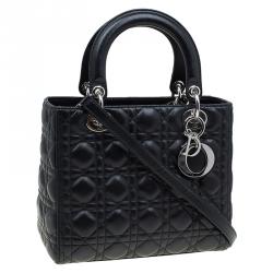Pre Owned Dior Black Leather Medium Lady Dior Tote