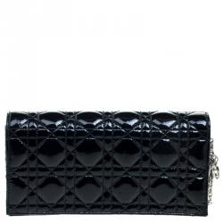 Pre Owned حقيبة كلاتش ديور ليدي ديور جلد لامعة مبطنة كاناج سوداء