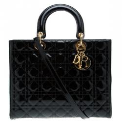 Pre Owned حقيبة يد ديور ليدي ديور كبيرة جلد لامعة سوداء