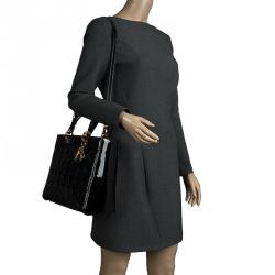 Pre Owned حقيبة يد ديور ليدي ديور كبيرة جلد لامعة سوداء