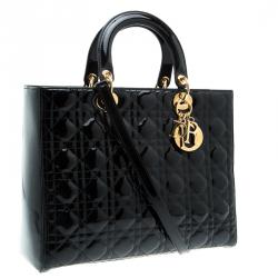 Pre Owned حقيبة يد ديور ليدي ديور كبيرة جلد لامعة سوداء