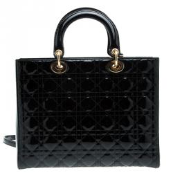 Pre Owned حقيبة يد ديور ليدي ديور كبيرة جلد لامعة سوداء