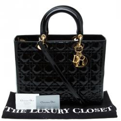 Pre Owned حقيبة يد ديور ليدي ديور كبيرة جلد لامعة سوداء