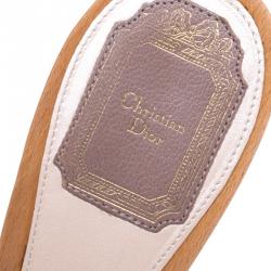 Dior Taupe Leather Lock Detail Wooden Slides Size 38.5