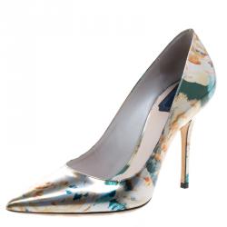 Dior Floral Printed Metallic Leather Cherie Pointed Toe Pumps Size 38