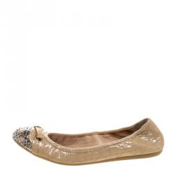 مملوكة مسبقًا Dior Beige Patent Cannage Leather Icon Metal Cap Toe Bow Scrunch Ballet Flats Size 37