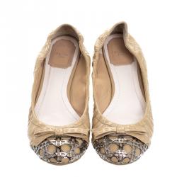 مملوكة مسبقًا Dior Beige Patent Cannage Leather Icon Metal Cap Toe Bow Scrunch Ballet Flats Size 37