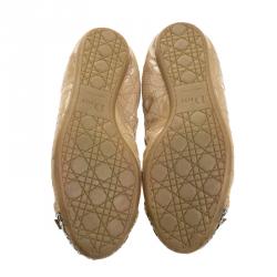 مملوكة مسبقًا Dior Beige Patent Cannage Leather Icon Metal Cap Toe Bow Scrunch Ballet Flats Size 37