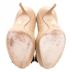Pre Owned Dior Beige Cannage Leather Lovely Patent Bow Detail Peep Toe Pumps Size 37
