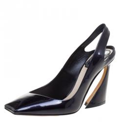 مملوكة مسبقًا صندل ديور جلد أزرق لامع مقدمة مربعة كعب مفتوح مقاس 36