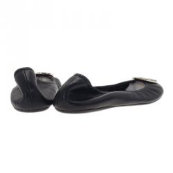 مملوكة مسبقًا حذاء ديور جلد أسود شعار CD باليرينا فلات مقاس 38.5