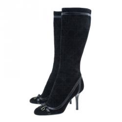 Pre Owned Dior Black Suede Cannage Knee Boots Size 37