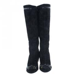 Pre Owned Dior Black Suede Cannage Knee Boots Size 37