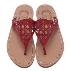 Pre Owned Dior Red Patent Cannage Leather Thong Sandals Size 36