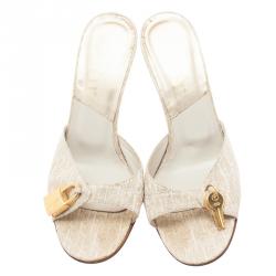 مملوكة مسبقًا Dior Gold Monogram Leather and Canvas Key Detail Slides Size 38