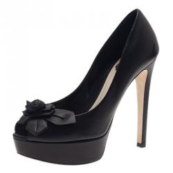 Pre Owned حذاء ديور جلد أسود مقدمة مفتوحة بوردة مقاس 38