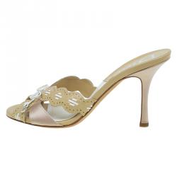 Pre Owned Dior Beige Satin and Leather Bow Mules Size 39.5