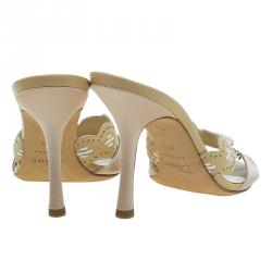 Pre Owned Dior Beige Satin and Leather Bow Mules Size 39.5