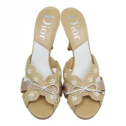 Pre Owned Dior Beige Satin and Leather Bow Mules Size 39.5