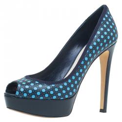 Pre Owned Dior Black and Blue Leather Contrast Cannage Peep Toe Platform Pumps Size 40