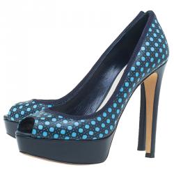 Pre Owned Dior Black and Blue Leather Contrast Cannage Peep Toe Platform Pumps Size 40