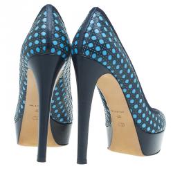 Pre Owned Dior Black and Blue Leather Contrast Cannage Peep Toe Platform Pumps Size 40