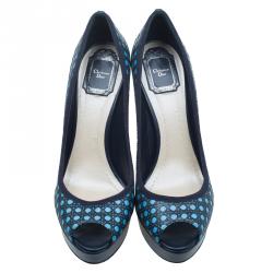 Pre Owned Dior Black and Blue Leather Contrast Cannage Peep Toe Platform Pumps Size 40