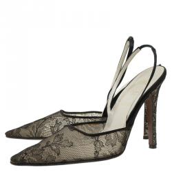 Dior Black Lace and Satin Pointed Slingback Sandals Size 37.5