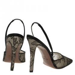 Dior Black Lace and Satin Pointed Slingback Sandals Size 37.5