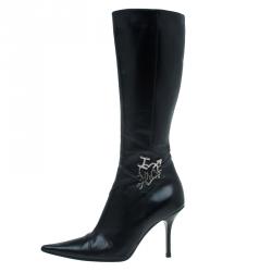 Pre Owned Dior Black Leather "I Love" Knee Boots Size 37