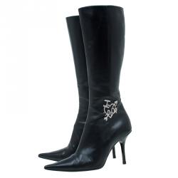 Pre Owned Dior Black Leather "I Love" Knee Boots Size 37