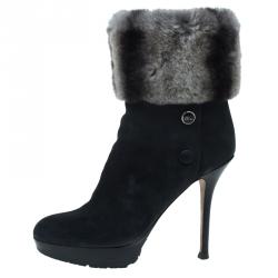 مملوكة مسبقًا Dior Black Nubuck and Fur Ankle Boots Size 38.5