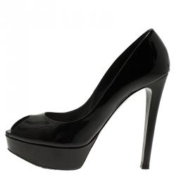 Pre Owned حذاء كعب عالي ديور نعل سميك ومقدمة مفتوحة جلد لامع أسود مقاس 38.5