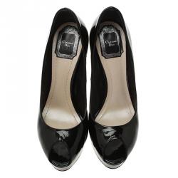 Pre Owned حذاء كعب عالي ديور نعل سميك ومقدمة مفتوحة جلد لامع أسود مقاس 38.5