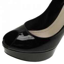 Pre Owned حذاء كعب عالي ديور نعل سميك ومقدمة مفتوحة جلد لامع أسود مقاس 38.5