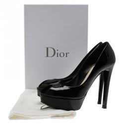 Pre Owned حذاء كعب عالي ديور نعل سميك ومقدمة مفتوحة جلد لامع أسود مقاس 38.5