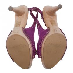 مملوكة مسبقًا صندل ديور بفتحة كعب ونعل سميك جلد ثعبان مزخرف وقماش بنفسجي مقاس 38.5