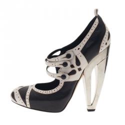 Pre Owned Dior Black and White Leather Mary Jane Pumps Size 36.5