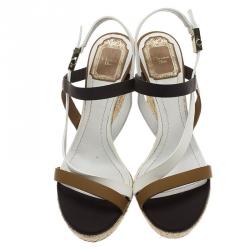 مملوكة مسبقًا Dior Tricolor Leather Ankle Strap Espadrille Wedge Sandals Size 38