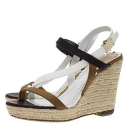 مملوكة مسبقًا Dior Tricolor Leather Ankle Strap Espadrille Wedge Sandals Size 38