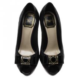 Pre Owned حذاء كعب عالي ديور جلد أسود كاناج بفيونكة ومقدمة مفتوحة نعل سميك مقاس 37