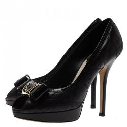 Pre Owned حذاء كعب عالي ديور جلد أسود كاناج بفيونكة ومقدمة مفتوحة نعل سميك مقاس 37