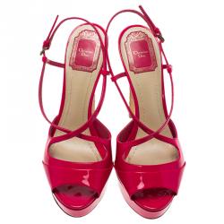 Dior Fuchsia Pink Patent Cannage Heel Cross Strap Platform Sandals Size 38