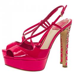 Dior Fuchsia Pink Patent Cannage Heel Cross Strap Platform Sandals Size 38