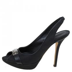 Pre Owned Dior Black Monogram Canvas Logo Plaque Slingback Sandals Size 36